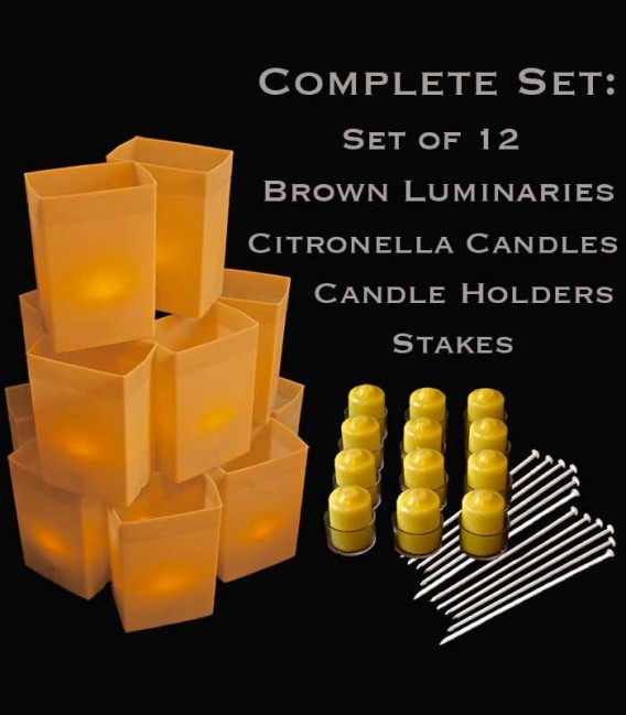 Set of 12 Brown Luminaries, Citronella Candles & Holders, Stakes