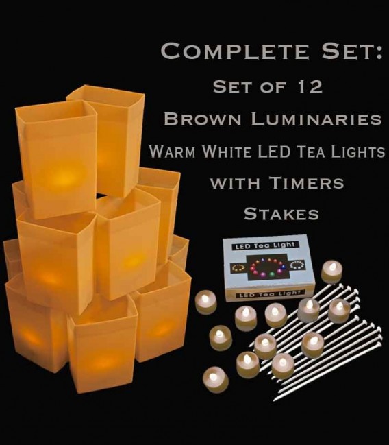 Set of 12 Brown Luminaries, Warm White LED Tea Lights with Timers, Stakes