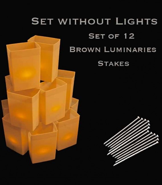 Set of 12 Brown Luminaries, No Light Source, Stakes