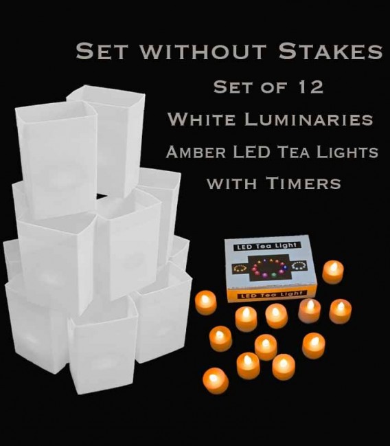 Set of 12 White Luminaries, Amber LED Tea Lights with Timers, No Stakes