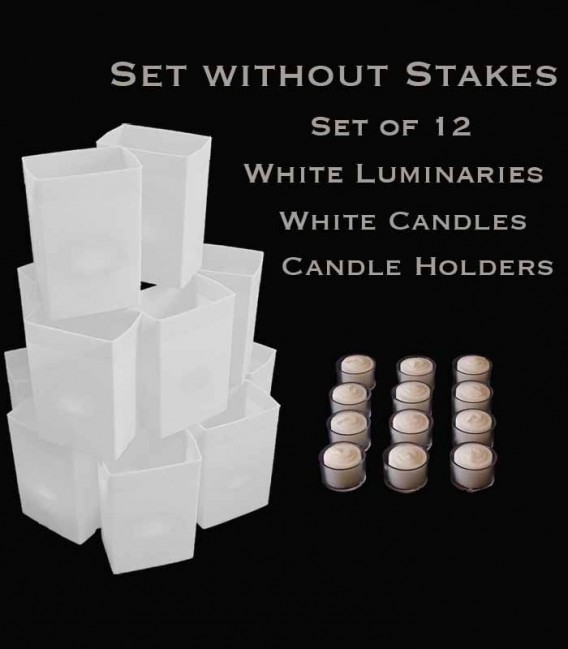 Set of 12 White Luminaries, White Candles & Holders, No Stakes