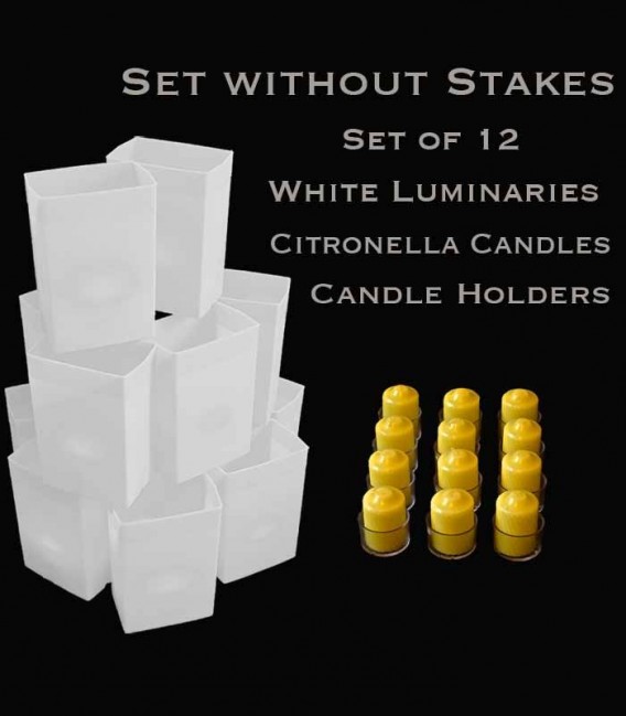 Set of 12 White Luminaries, Citronella Candles & Holders, No Stakes