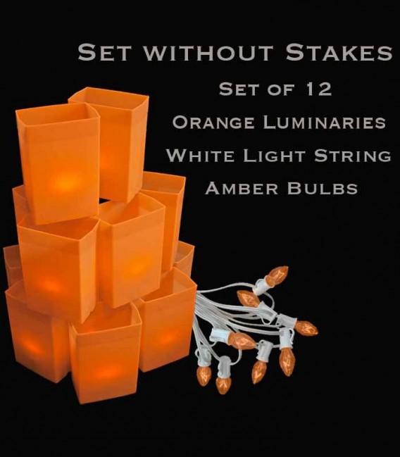 Set of 12 Orange Luminaries, White Light String with Amber Bulbs, No Stakes