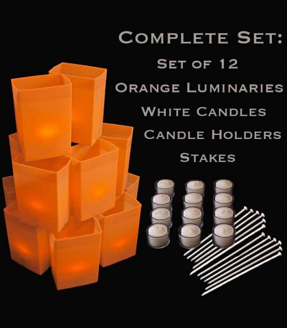 Set of 12 Orange Luminaries, White Candles & Holders, Stakes