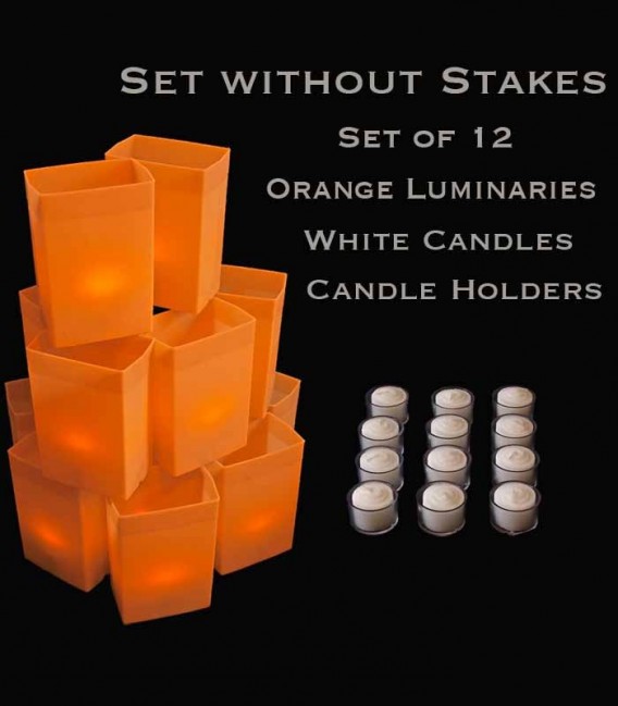 Set of 12 Orange Luminaries, White Candles & Holders, No Stakes