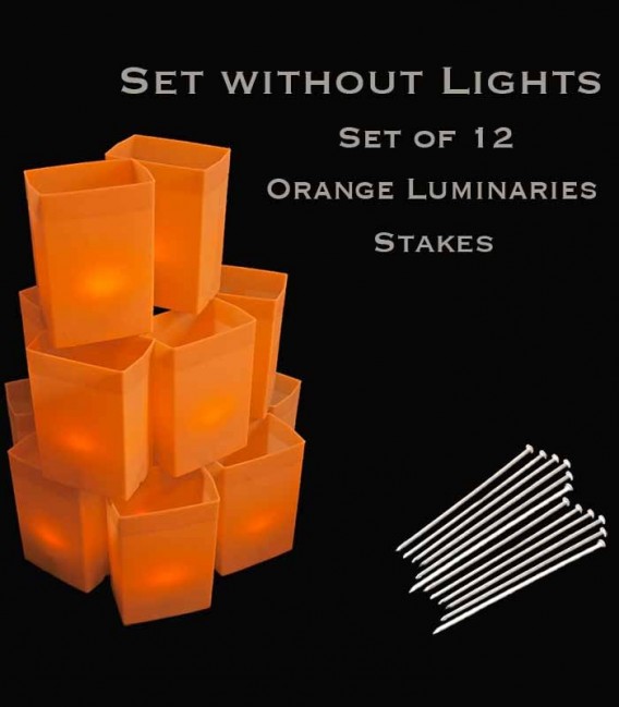 Set of 12 Orange Luminaries, No Light Source, Stakes