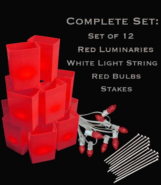 Set of 12 Red Luminaries, White Light String with Red Bulbs, Stakes