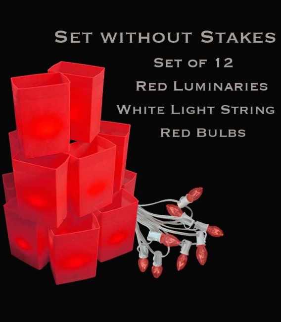 Set of 12 Red Luminaries, White Light String with Red Bulbs, No Stakes