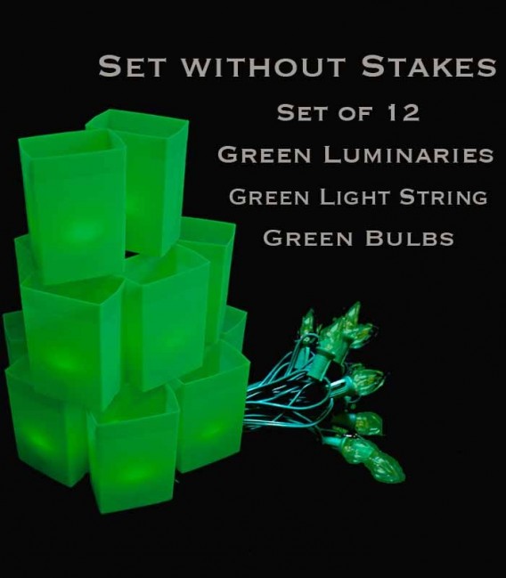 Set of 12 Green Luminaries, Green Light String with Green Bulbs, No Stakes