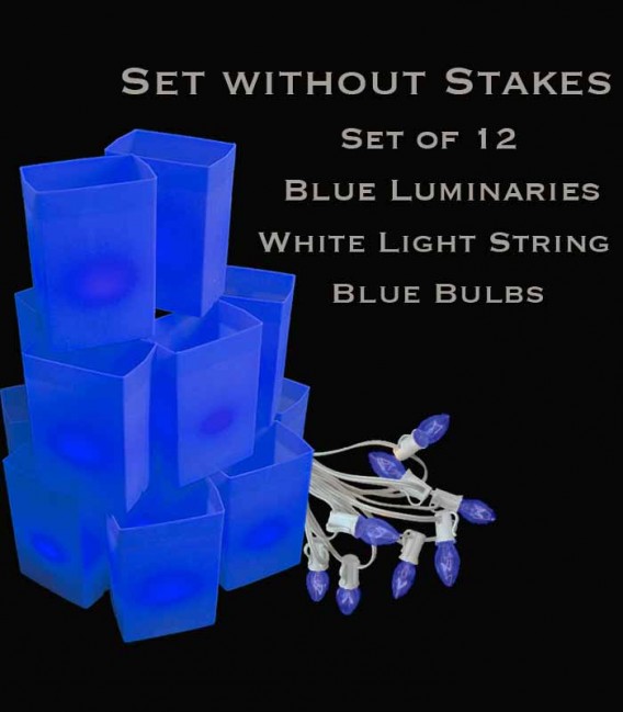 Set of 12 Blue Luminaries, White Light String with Blue Bulbs, No Stakes