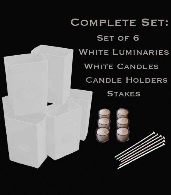 Set of 6 White Luminaries, White Candles & Holders, Stakes