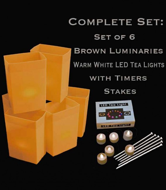 Set of 6 Brown Luminaries, Warm White LED Tea Lights with Timers, Stakes