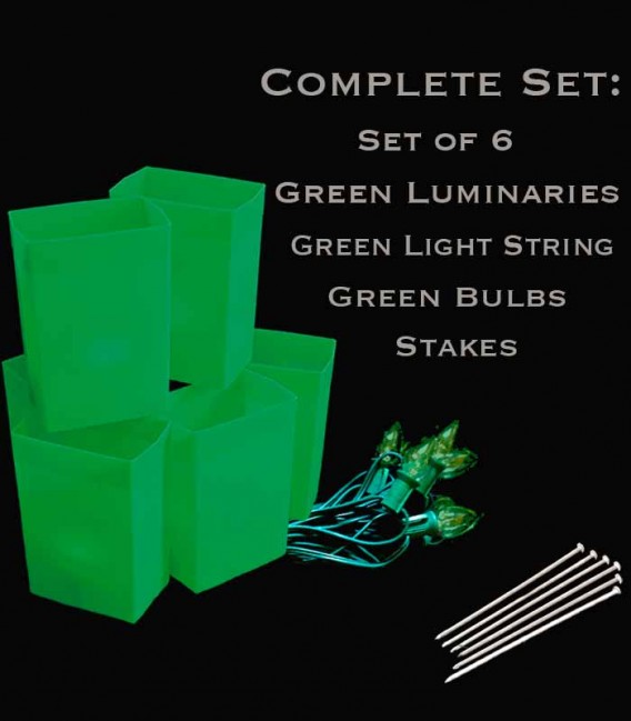 Set of 6 Green Luminaries, Green Light String with Green Bulbs, Stakes