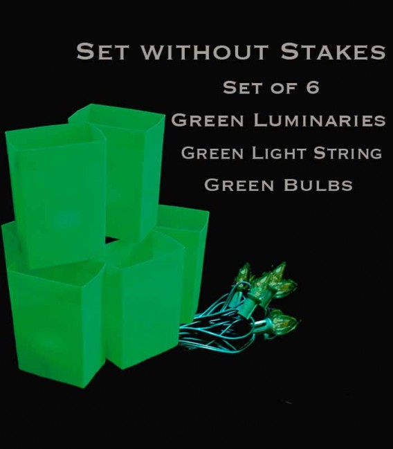 Set of 6 Green Luminaries, Green Light String with Green Bulbs, No Stakes