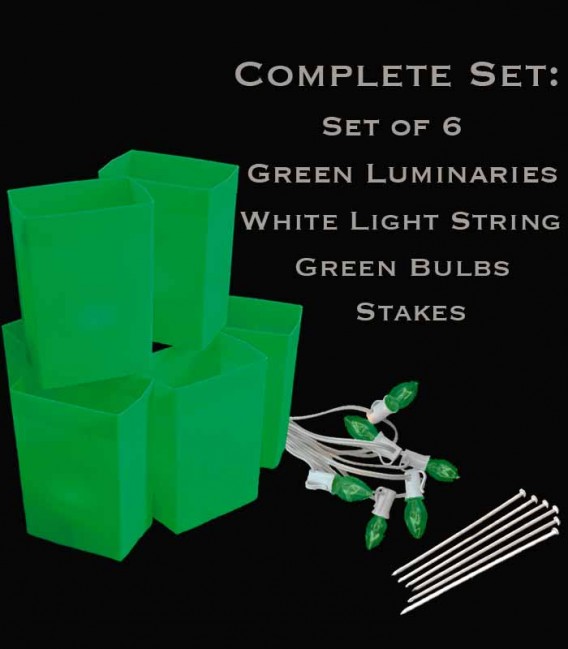 Set of 6 Green Luminaries, White Light String with Green Bulbs, Stakes