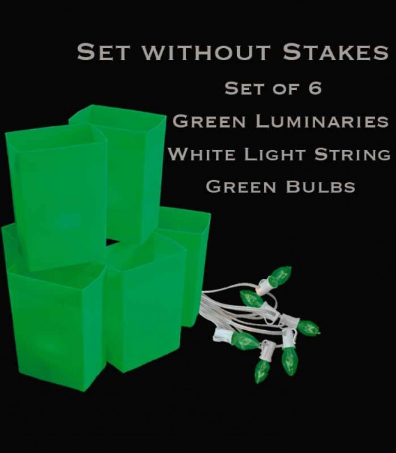 Set of 6 Green Luminaries, White Light String with Green Bulbs, No Stakes