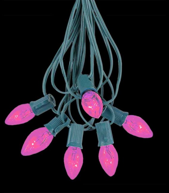 6 Socket Green Electric Light Strings, Pink Bulbs