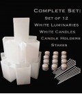 Set of 12 White Luminaries, Candles, Holders & Stakes