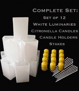 Set of 12 White Luminaries, Citronella Candles, Holders & Stakes