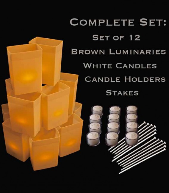 Set of 12 Brown Luminaries, White Candles, Holders & Stakes