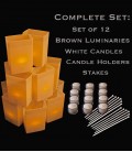 Set of 12 Brown Luminaries, Candles, Holders & Stakes