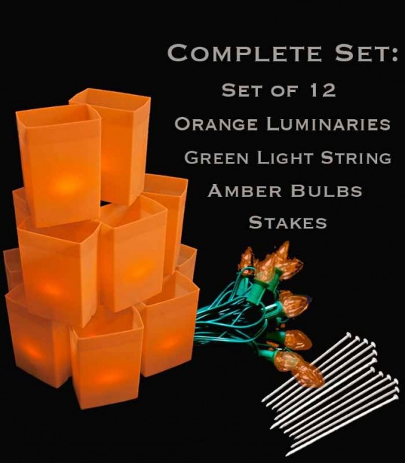 Set of 12 Orange Luminaries, Green Light String, Amber Bulbs & Stakes