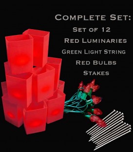 Set of 12 Red Luminaries, Green Light String, Red Bulbs & Stakes