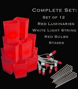 Set of 12 Red Luminaries, White Light String, Red Bulbs & Stakes