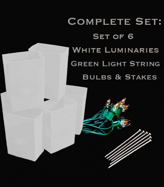 Set of 6 White Luminaries, Green Light String, Bulbs & Stakes