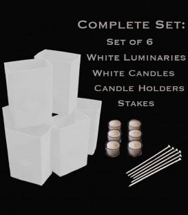 Set of 6 White Luminaries, White Candles, Holders & Stakes