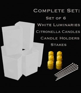 Set of 6 White Luminaries, Citronella Candles, Holders & Stakes