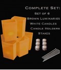 Set of 6 Brown Luminaries, Candles, Holders & Stakes