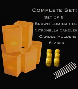 Set of 6 Brown Luminaries, Citronella Candles, Holders & Stakes