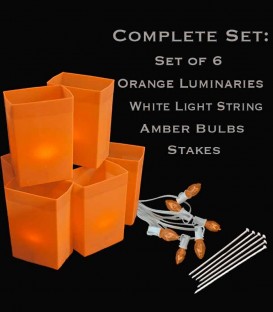 Set of 6 Orange Luminaries, White Light String, Amber Bulbs & Stakes