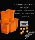 Set of 6 Orange Luminaries, LED Tea Lights & Stakes