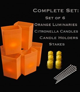 Set of 6 Orange Luminaries, Citronella Candles, Holders & Stakes