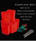 Set of 6 Red Luminaries, Light String, Red Bulbs & Stakes