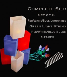 Set of 6 Patriotic Luminaries, Green Light String, R/W/B Bulbs & Stakes