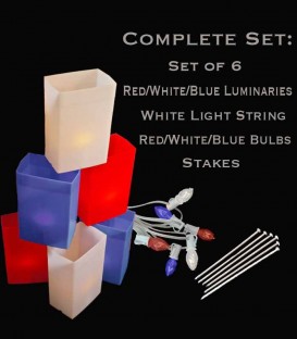 Set of 6 Patriotic Luminaries, White Light String, R/W/B Bulbs & Stakes