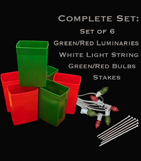 Set of 12 Red/Green Luminaries, White Light String, Red/Green Bulbs & Stakes