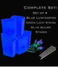 Set of 6 Blue Luminaries, Light String, Blue Bulbs & Stakes