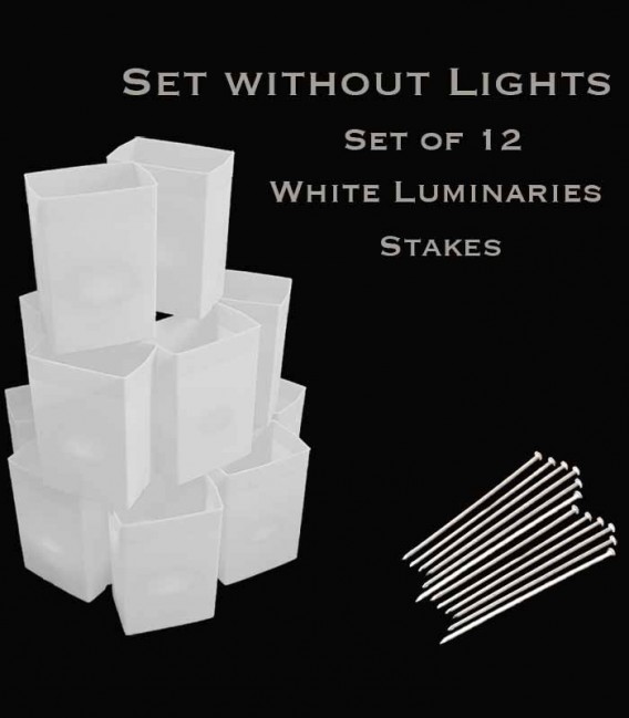 Set of 12 White Luminaries, No Light Source, Stakes