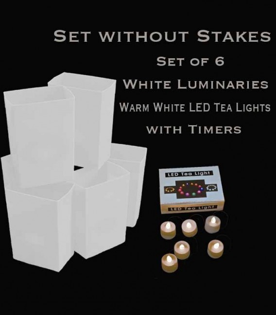 Set of 6 White Luminaries, Warm White LED Tea Lights with Timers, No Stakes