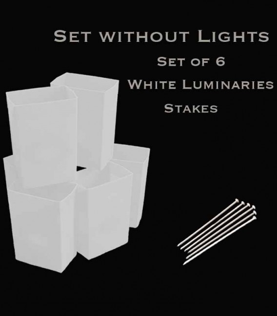 Set of 6 White Luminaries, No Light Source, Stakes